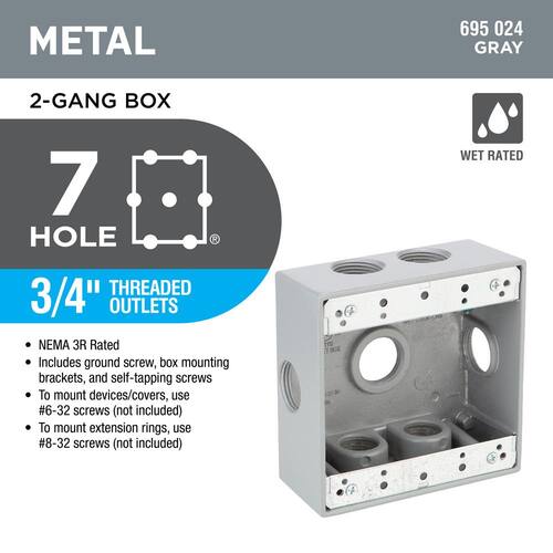 Weatherproof Box 2-Gang Metallic with (7) 3/4 in. Holes and Side Lugs, Gray