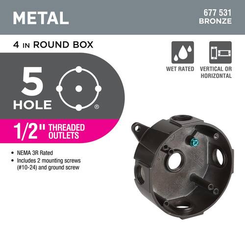 Weatherproof Box Round Metallic 4 in. with (5) 1/2 in. Holes, Bronze