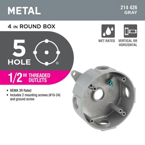 Weatherproof Box Round Metallic 4 in. with (5) 1/2 in. Holes, Gray