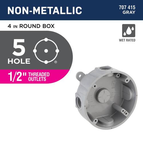 Weatherproof Box Round Non-Metallic 4 in. with (5) 1/2 in. Holes, Gray