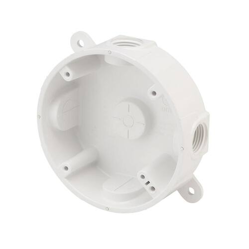 Round Weatherproof Fanbox Weatherproof Box Round Non-Metallic 4 in. with (5) 1/2 in. Holes White