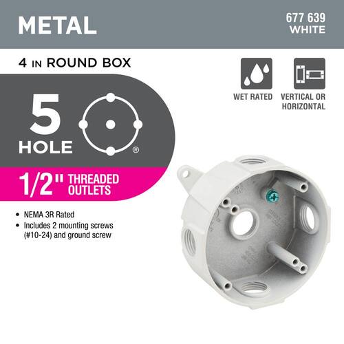 Weatherproof Box Round Metallic 4 in. with (5) 1/2 in. Holes, White