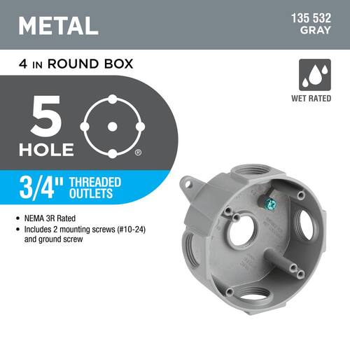 Weatherproof Box Round Metallic with (5) 3/4 in. Holes Gray 4 in.