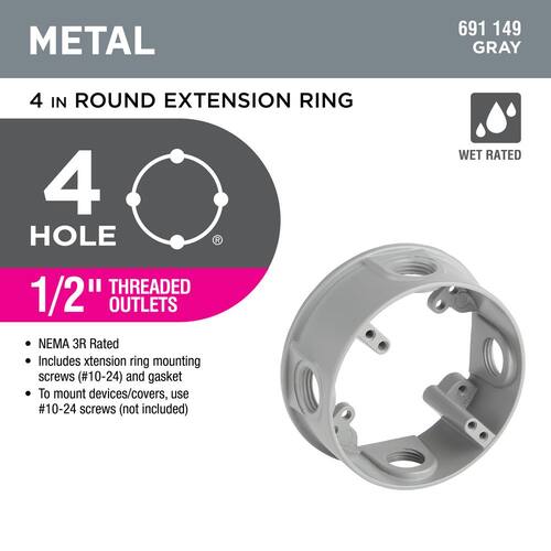 Weatherproof Extension Ring Round Metallic 4 in. with (4) 1/2 in. Holes, Gray