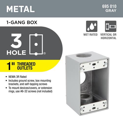 Weatherproof Box Metallic 1-Gang with (3) 1 in. Holes Gray