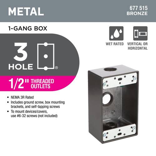 Weatherproof Box 1-Gang Metallic with (3) 1/2 in. Holes, Bronze