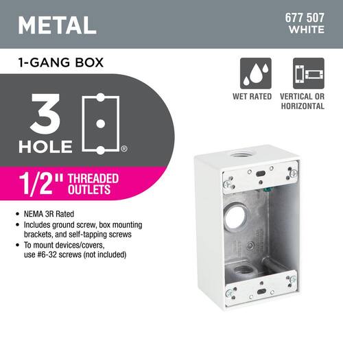 Weatherproof Box Metallic 1-Gang White with (3) 1/2 in. Holes