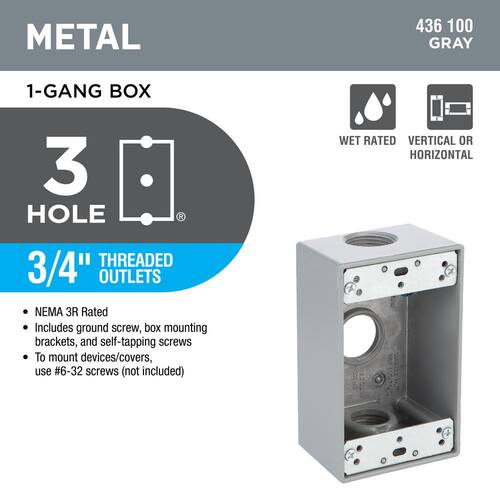 Weatherproof Box Metallic 1-Gang Gray with (3) 3/4 in. Holes