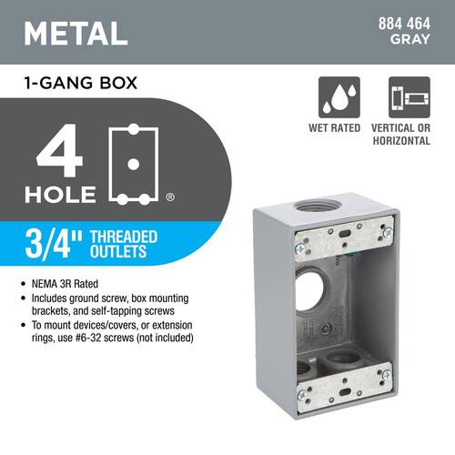 Weatherproof Box Metallic 1-Gang with (4) 3/4 in. Holes, Gray