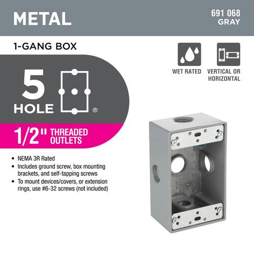 Weatherproof Box Metallic 1-Gang with (5) 1/2 in. Holes, Gray