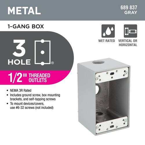 Weatherproof Metallic Box 1-Gang Deep with (3) 1/2 in. Holes, Gray