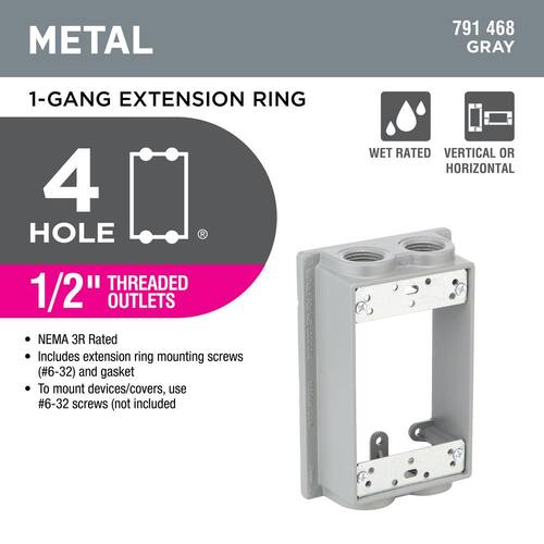 Weatherproof Extension Ring 1-Gang Metallic with (4) 1/2 in. Holes, Gray