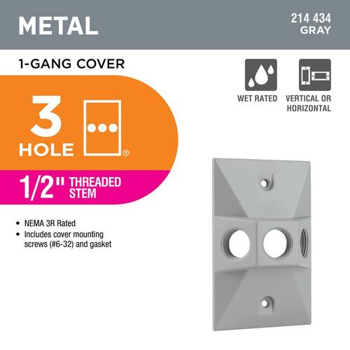 Weatherproof Cover Metallic 1-Gang with (3) 1/2 in. Holes Gray