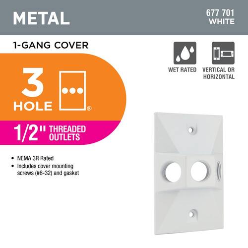 Weatherproof Cover White 1-Gang Metallic with (3) 1/2 in. Holes