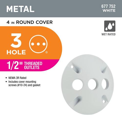 Weatherproof Cover Round Metallic White with (3) 1/2 in. Holes 4 in.