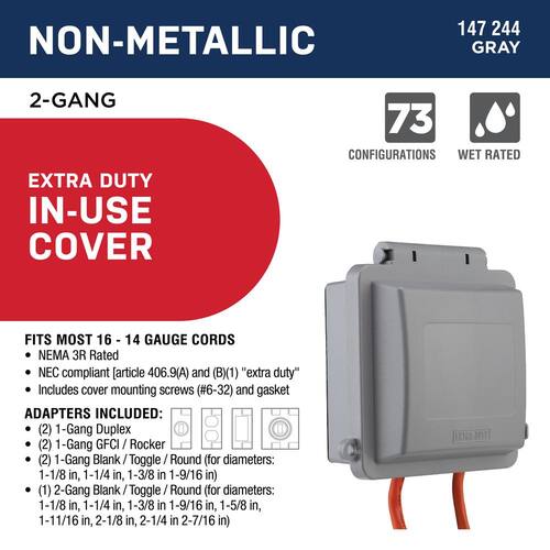 Weatherproof In-Use Cover 2-Gang Extra Duty Horizontal/Vertical Non-Metallic, Gray (73-in-1-Configurations)