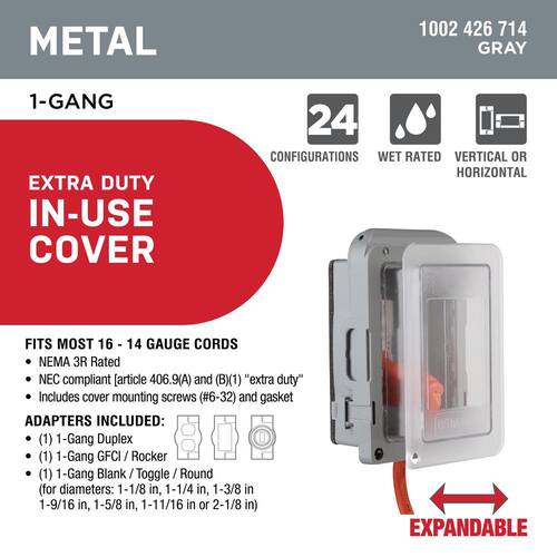 Weatherproof Receptacle Cover 1-Gang Extra Duty Non-Metallic Low Profile While-In-Use Horizontal/Vertical, Gray