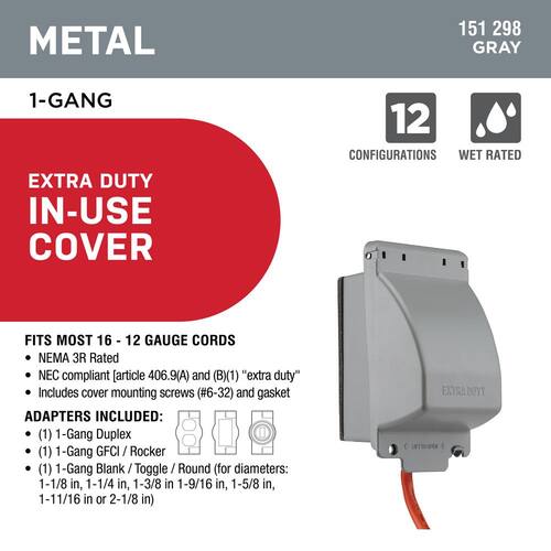 Weatherproof In-Use Cover Gray 1-Gang Extra Duty Metallic (12-in-1-Configurations)