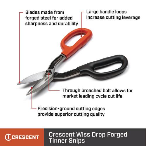 Tinner Snips, 10 in., Offset-Cut Drop Forged, Wiss