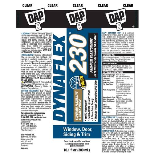 Elastomeric Sealant, Dynaflex 230, Premium, Clear, Exterior/Interior, Window, Door and Trim, 10.1 oz.