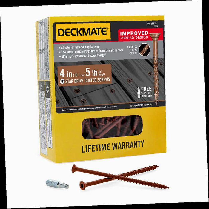 Flat-Head Square Drive Deck Screw, Red Exterior Self-Starting, #10 4 in., 5 lbs. Box, 435-Piece