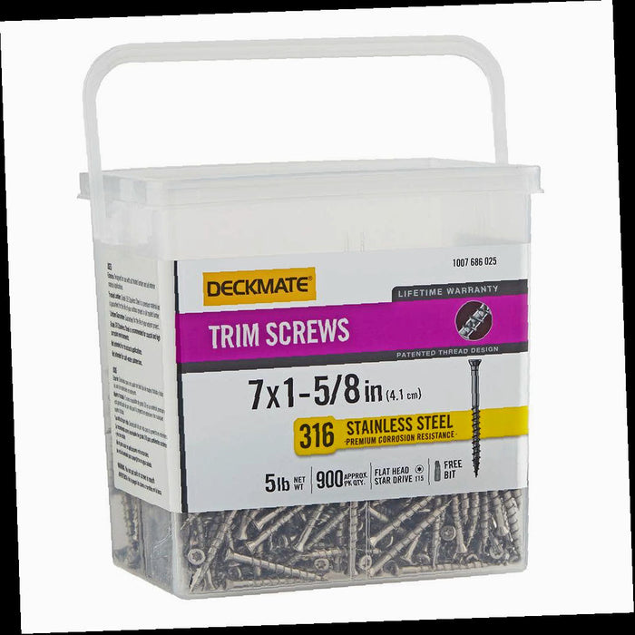 Screw Marine Grade Stainless Steel #7 X 1-5/8 in. Wood Trim Screw 5lb (Approximately 900 Pieces) Head