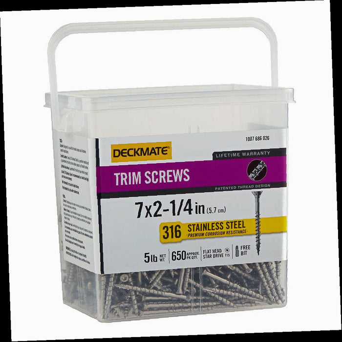 Screw Marine Grade Stainless Steel #7 X 2-1/4 in.Wood Trim Screw 5lb (Approximately 650 Pieces) Head