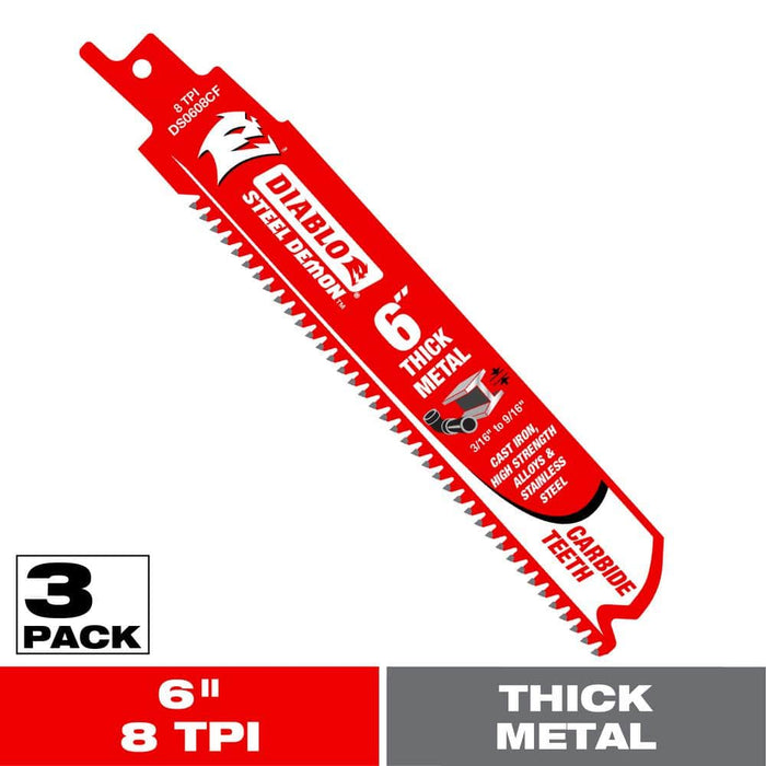 Saw Blade 6 in.8 TPI Thick Metal Carbide Reciprocating (3-Pack)
