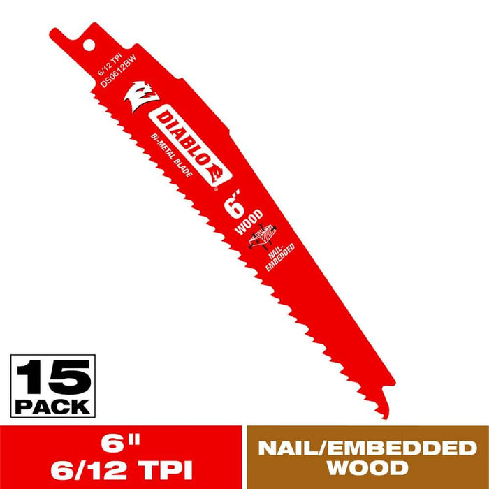 Saw Blade 6 in. 6/12 TPI Wood and Nails Reciprocating (15-Pack)