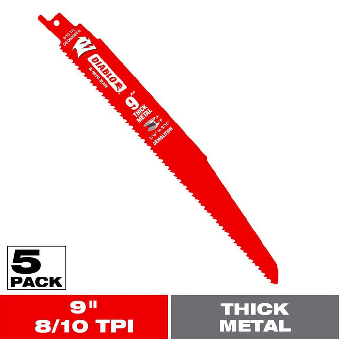 Saw Blade 9 in. 8/10 TPI Thick Metal Reciprocating Bi-Metal (5-Pack)