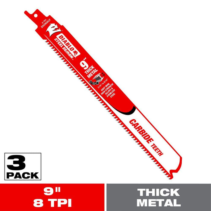 Saw Blade 9 in. 8 TPI Thick Metal Steel  Carbide Reciprocating (3-Pack)
