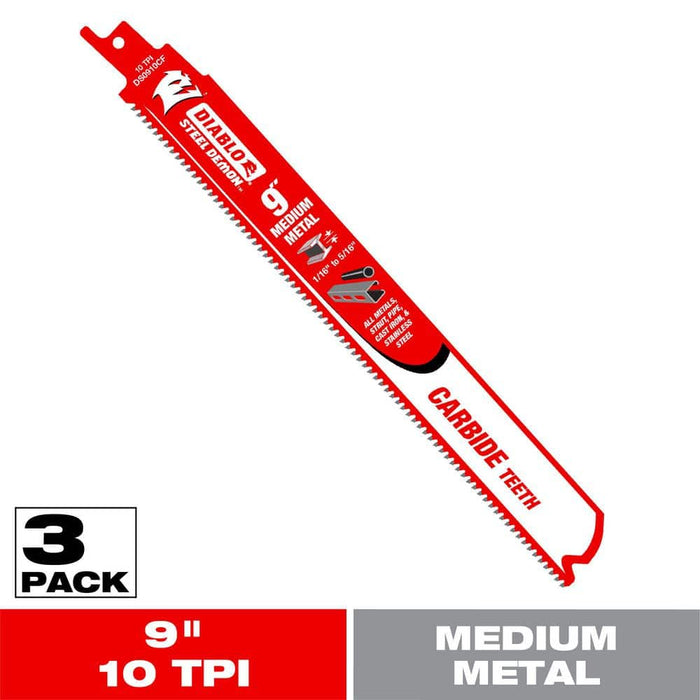 Saw Blade 9 in. 10 TPI Medium Metal Reciprocating Carbide (3-Pack)