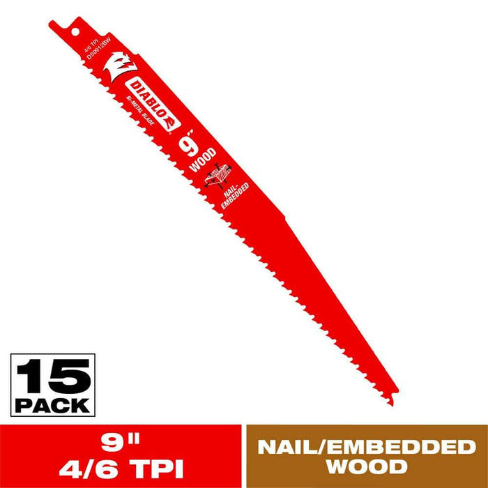 Saw Blade 9 in. 4/6 TPI Wood and Nails Reciprocating Bi-Metal (15-Pack)