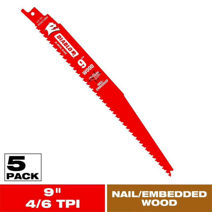 Saw Blade 9 in. 4/6 TPI Wood and Nails Reciprocating (5-Pack)