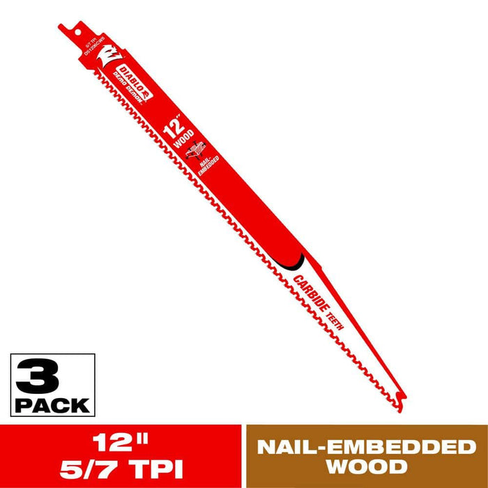 Saw Blade 12 in. 5/7 TPI Wood and Nails Carbide Reciprocating (3-Pack)