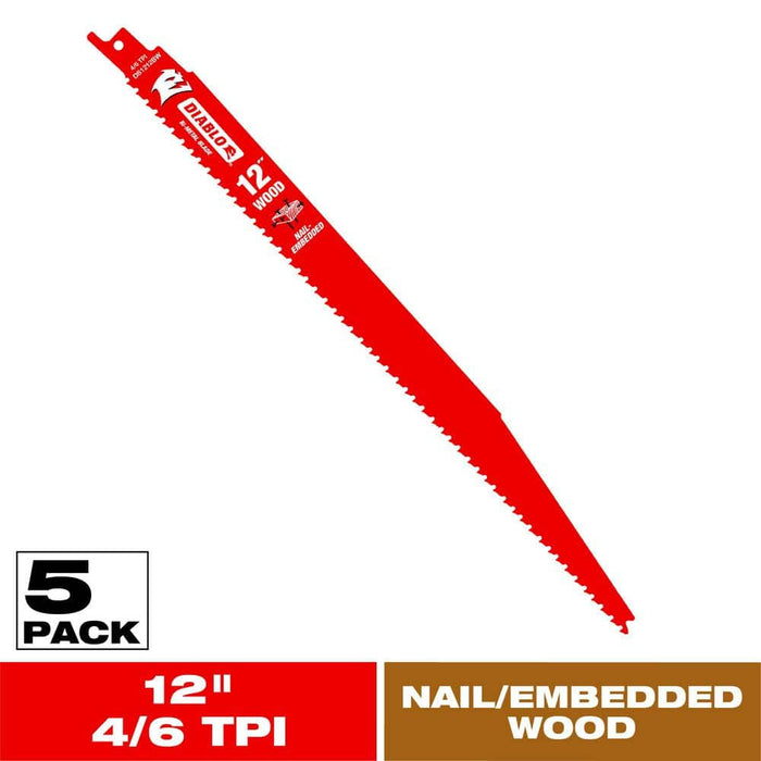 Saw Blade 12 in. 4/6 TPI Wood and Nails Reciprocating (5-Pack)