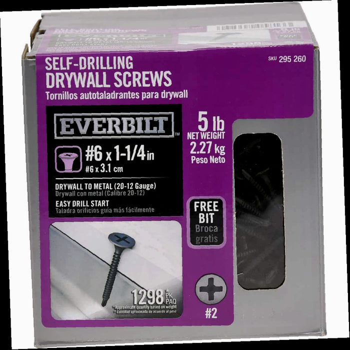 Self-Drilling Drywall Screw, Phillips Bugle-Head, #6 x 1-1/4 in. (5 lbs.-Box, 1298-Piece)