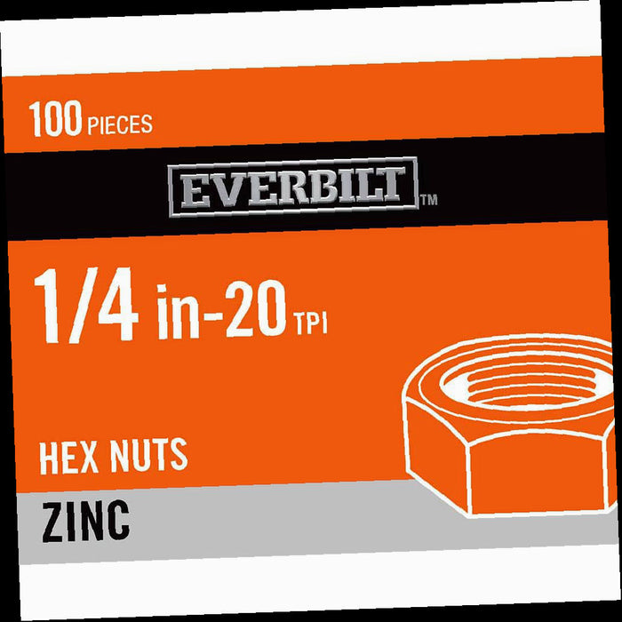 Hex Nuts, 1/4, in.-20 Zinc Plated Hex Nut, (100-Pack)
