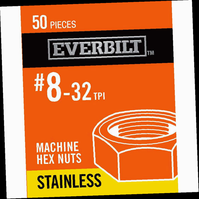 Hex Nuts, #8-32, Stainless Steel Machine Screw Nut, (50-Pack)