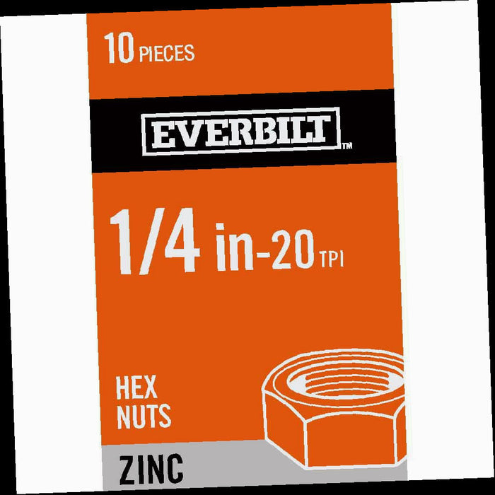 Hex Nuts, 1/4, in.-20 Zinc Plated Hex Nut, (10-Pack)