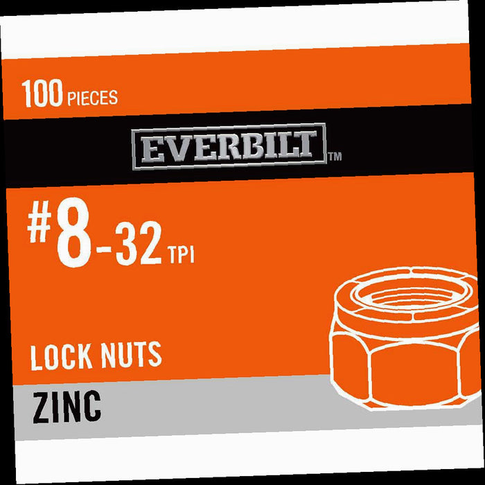 Lock Nuts, #8-32, Zinc Plated Nylon Lock Nut, (100-Pack)