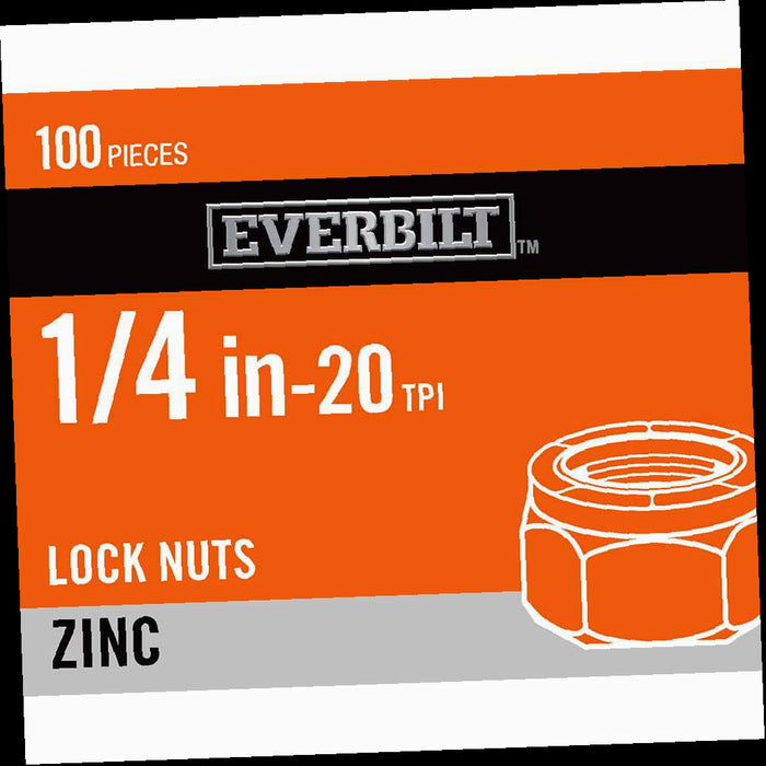 Lock Nuts, 1/4, in.-20 Zinc Plated Nylon Lock Nut, (100-Pack)