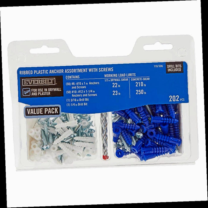 White and Blue Ribbed Plastic Anchor Pack #8-10 and #10-12, with Screws (202-Pieces)
