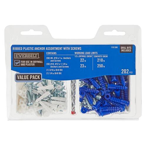 White and Blue Ribbed Plastic Anchor Pack #8-10 and #10-12, with Screws (202-Pieces)