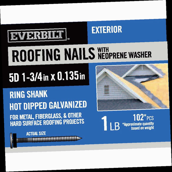 Roofing Nails 1-3/4 in. Hot Dipped Galvanized with Neoprene Washer Ring Shank 1 lb (Approximately 102 Pieces)