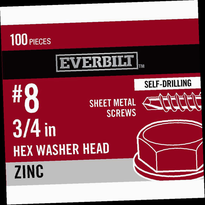 Sheet Metal Screw Zinc Plated Hex Head #8 x 3/4 in. (100-Pack)