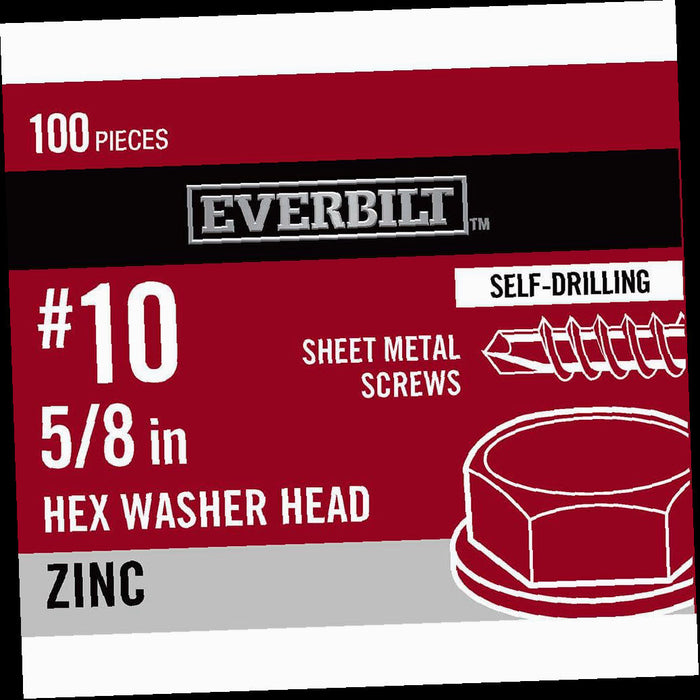 Sheet Metal Screw Zinc Plated Hex Head #10 x 5/8 in. (100-Pack)