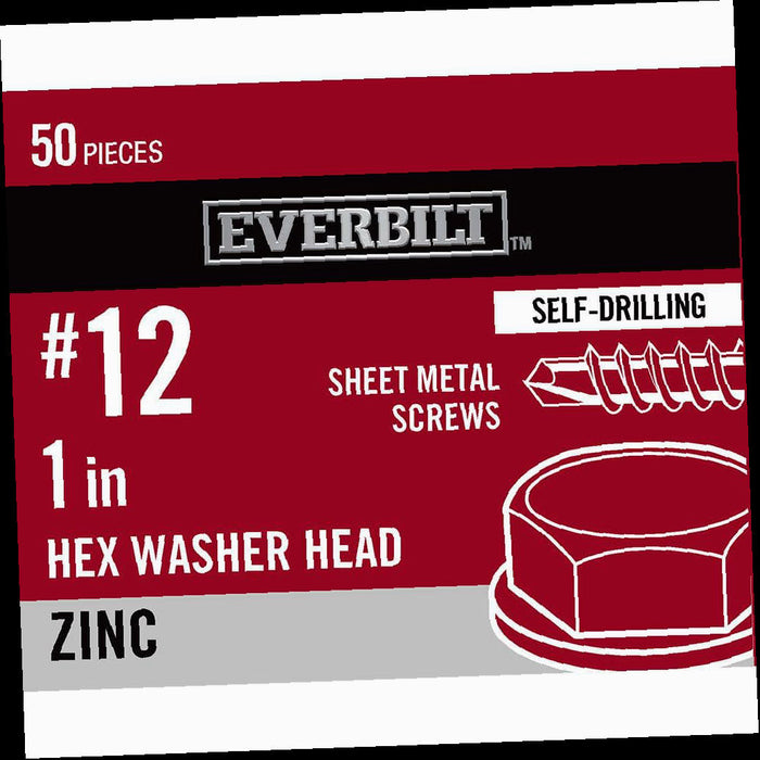 Sheet Metal Screw Zinc Plated Hex Head #12 x 1 in. (50-Pack)