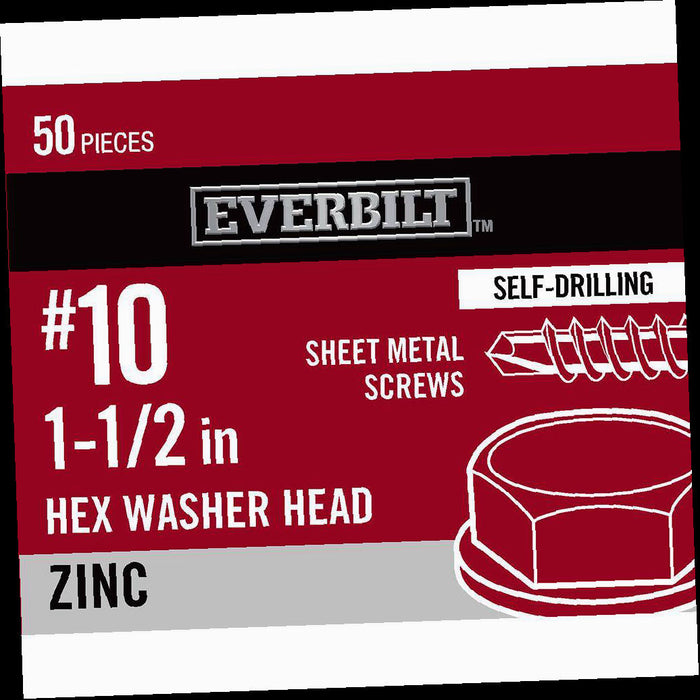 Sheet Metal Screw Zinc Plated Hex Head 10 x 1-1/2 in. 50-Pack