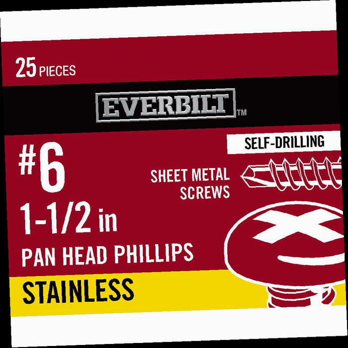 Sheet Metal Screws Stainless Steel Phillips Pan Head-Self-Drilling #6 x 1-1/2 in. (25-Pack)